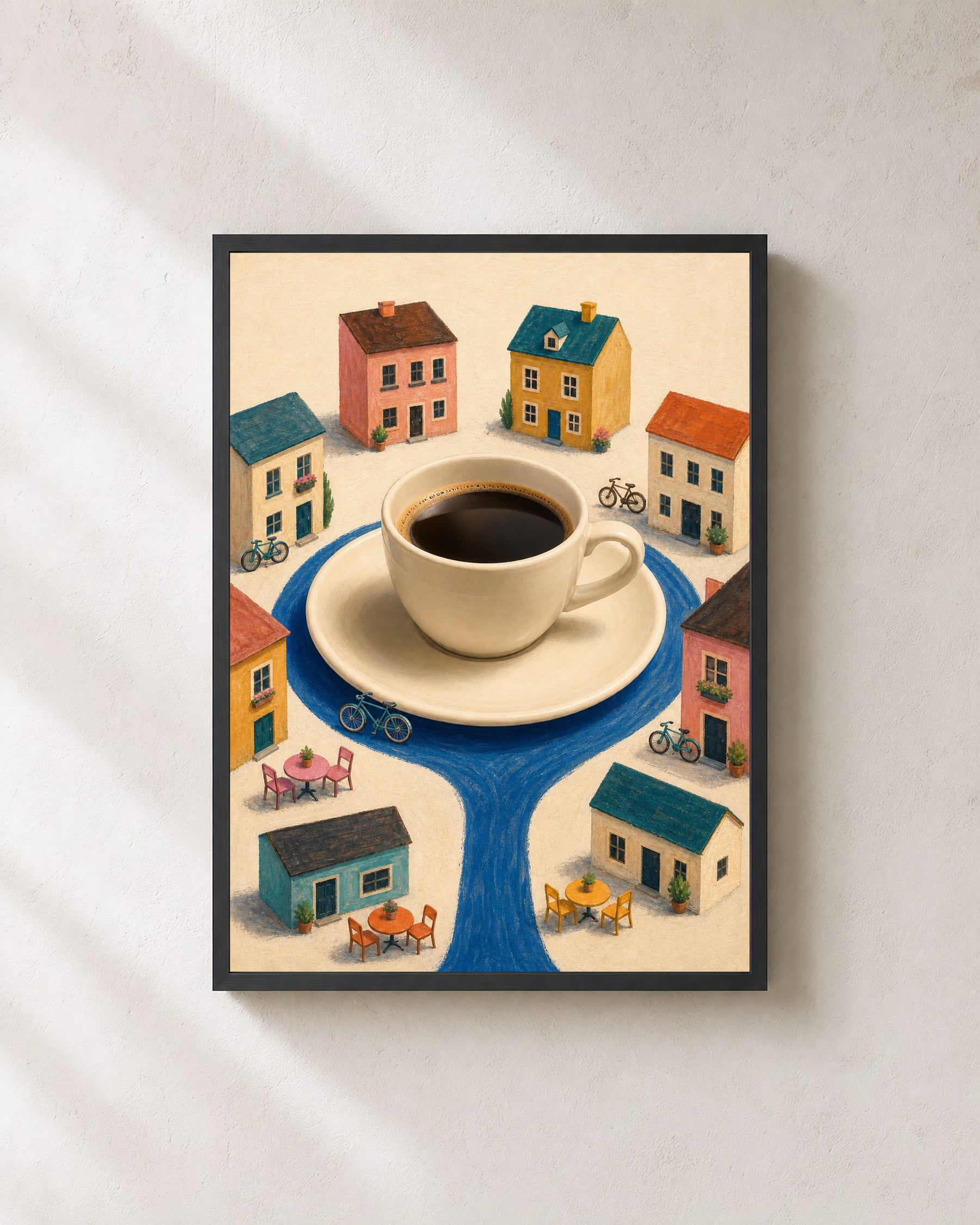 The Cup Takes the City coffee city art print in a black frame