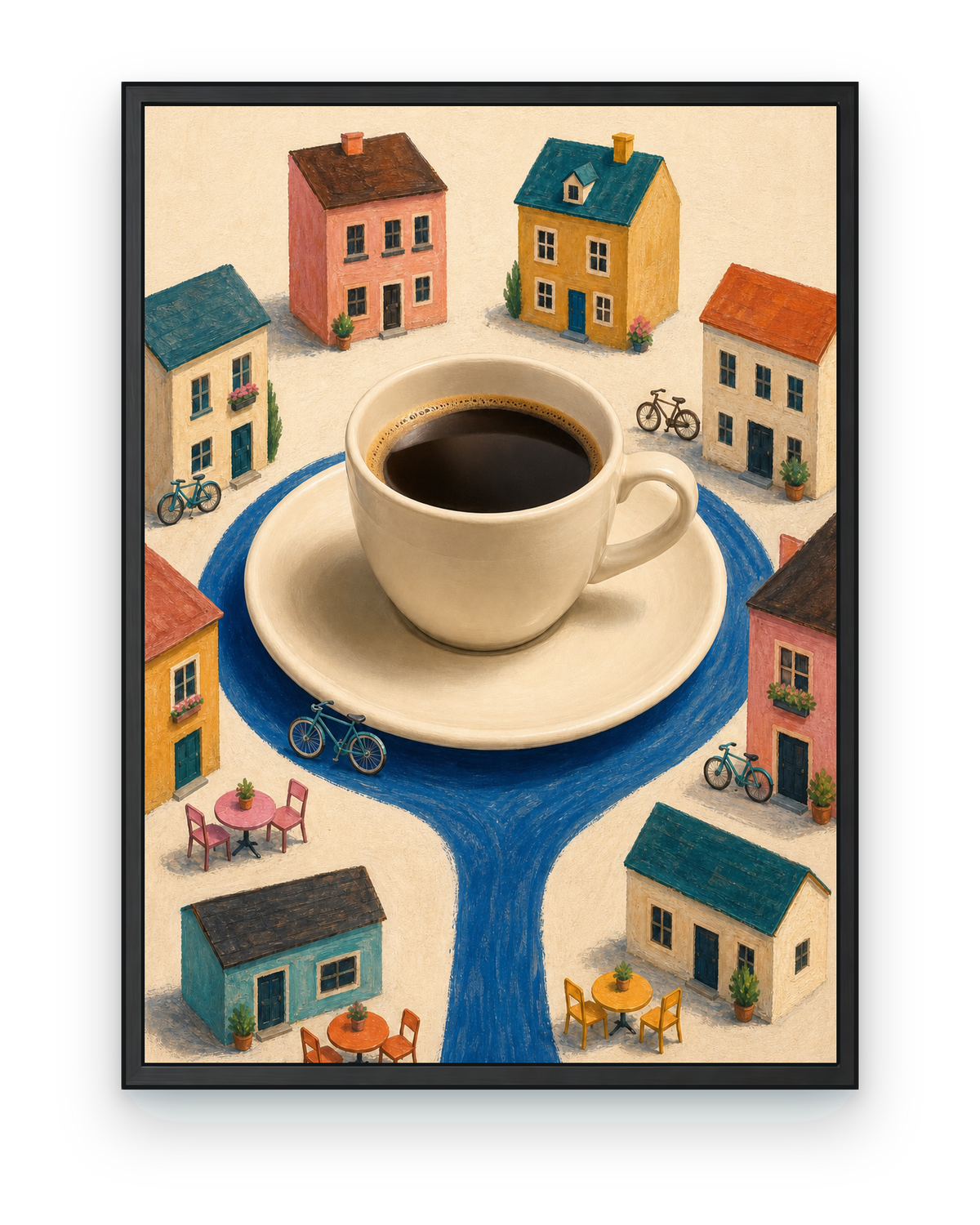 The Cup Takes the City colorful coffee city art print in a black frame