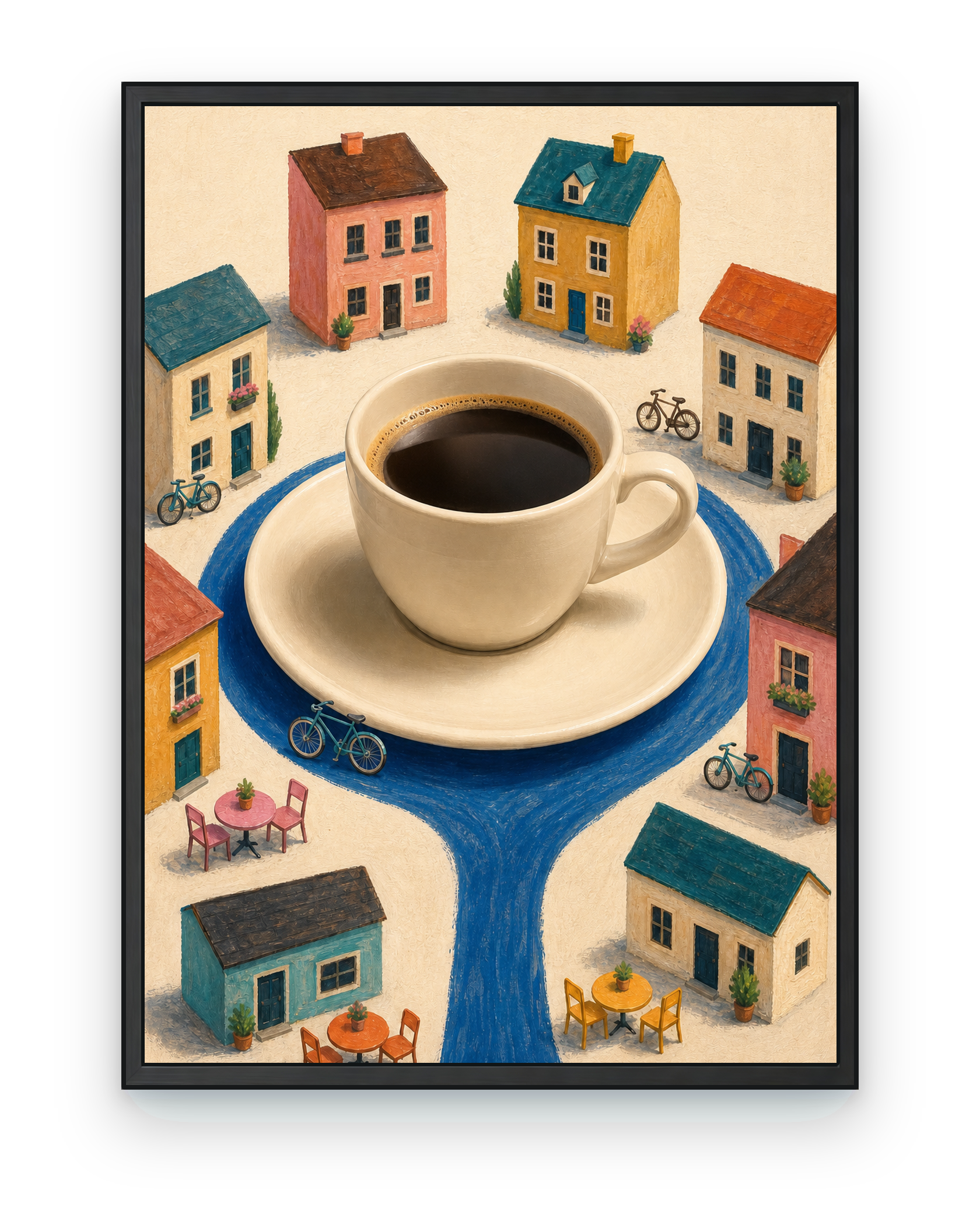 The Cup Takes the City colorful coffee city art print in a black frame