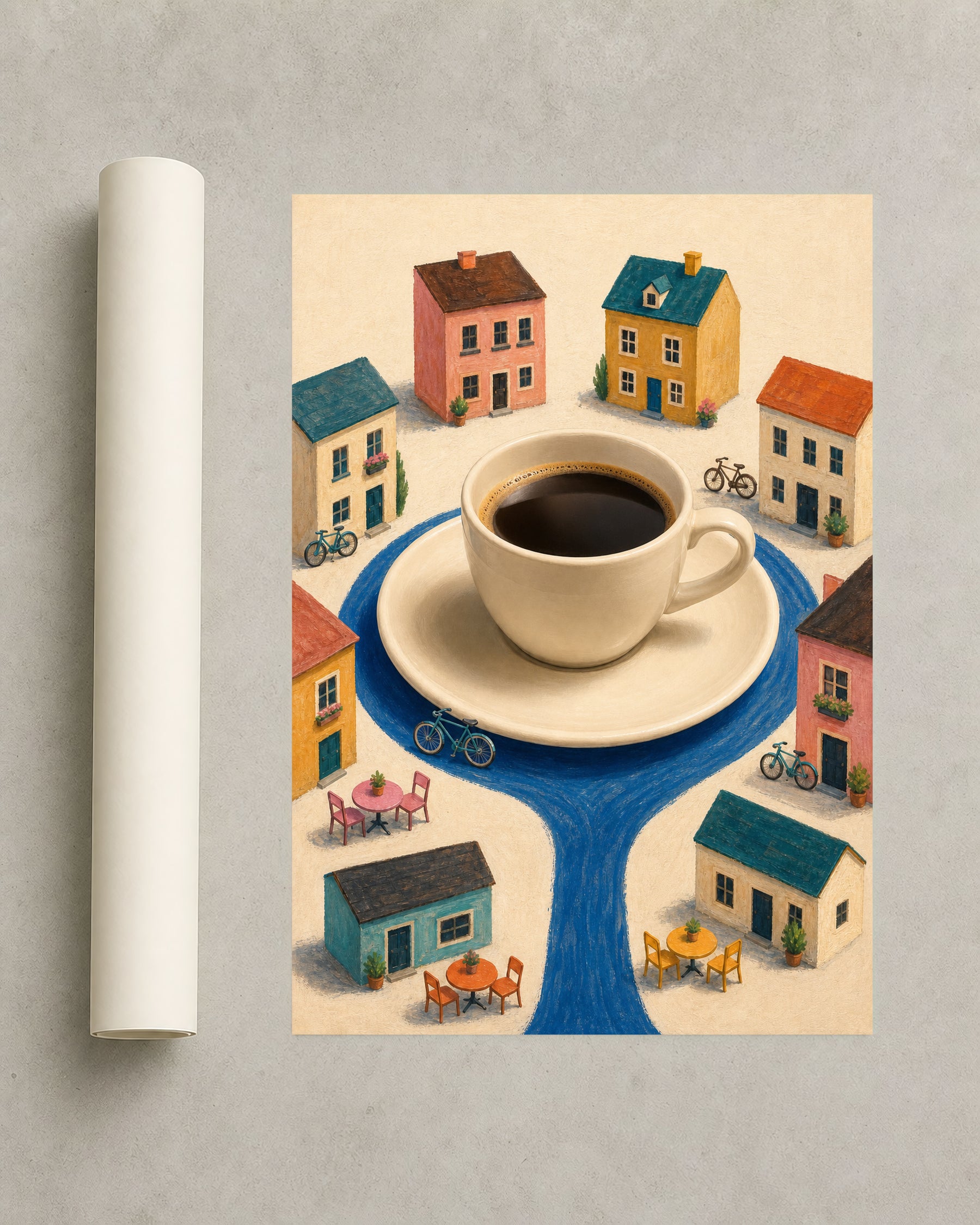 The Cup Takes the City frameless coffee city art print