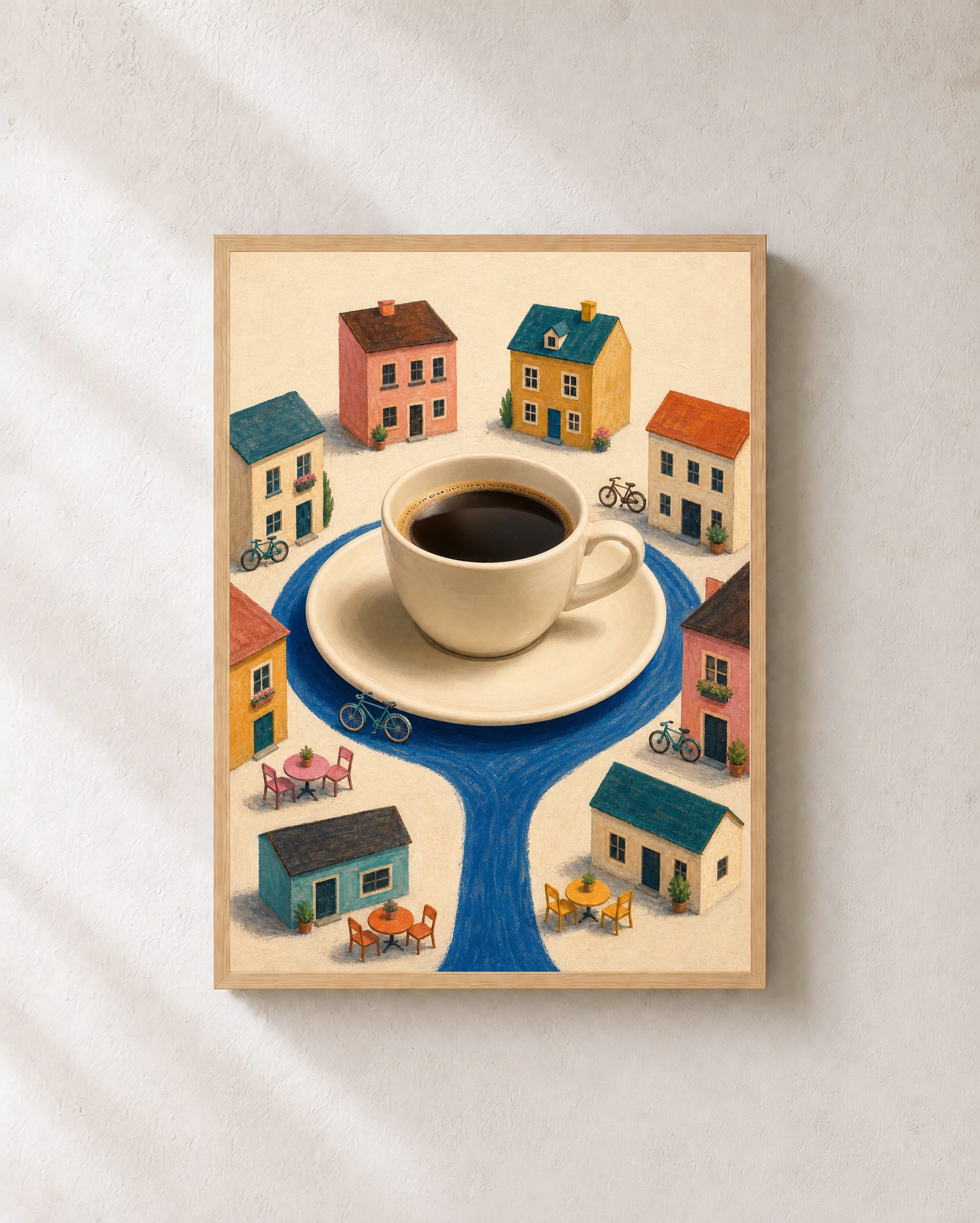The Cup Takes the City coffee city art print in a light oak frame