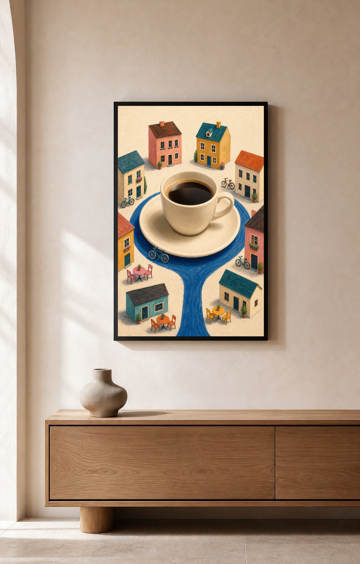 The Cup Takes the City framed coffee wall art in a warm modern room
