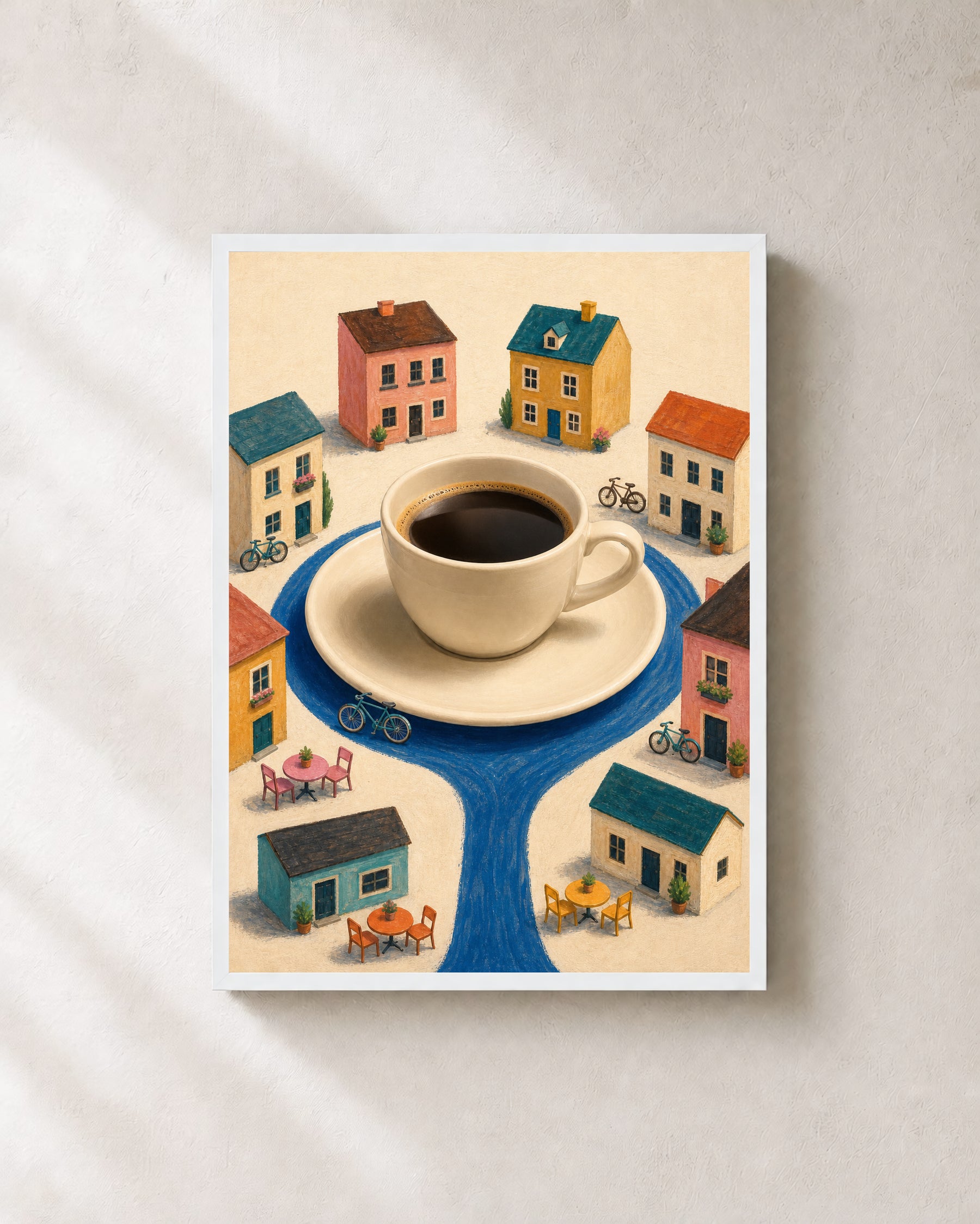The Cup Takes the City coffee city art print in a white frame