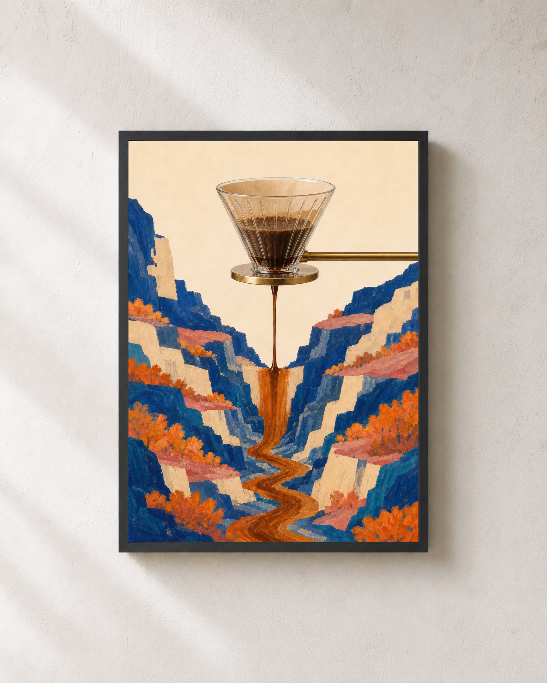 A glass pour-over dripper sends a coffee waterfall through a cobalt canyon with cream cliffs, coral ledges, and orange foliage.