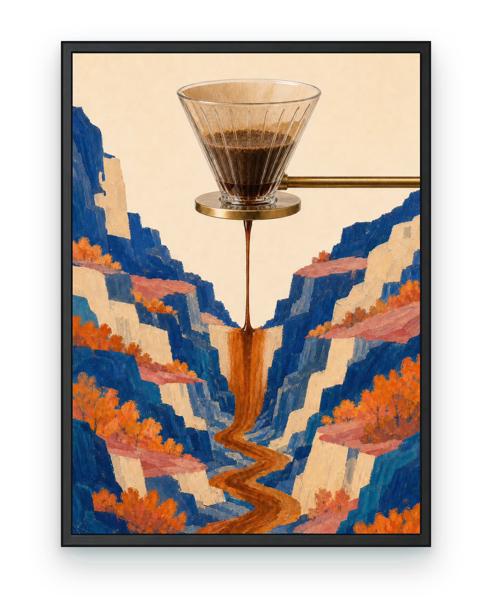 A glass pour-over dripper sends a coffee waterfall through a cobalt canyon with cream cliffs, coral ledges, and orange foliage.