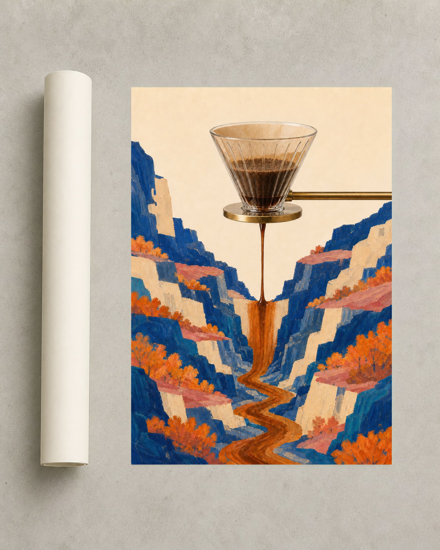A glass pour-over dripper sends a coffee waterfall through a cobalt canyon with cream cliffs, coral ledges, and orange foliage.