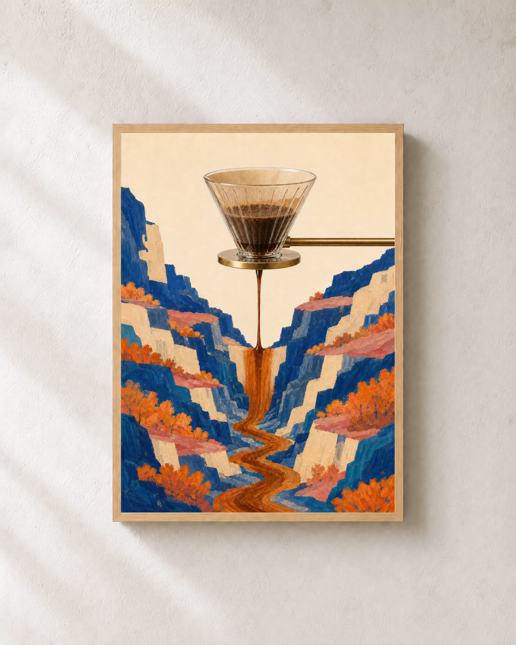 A glass pour-over dripper sends a coffee waterfall through a cobalt canyon with cream cliffs, coral ledges, and orange foliage.