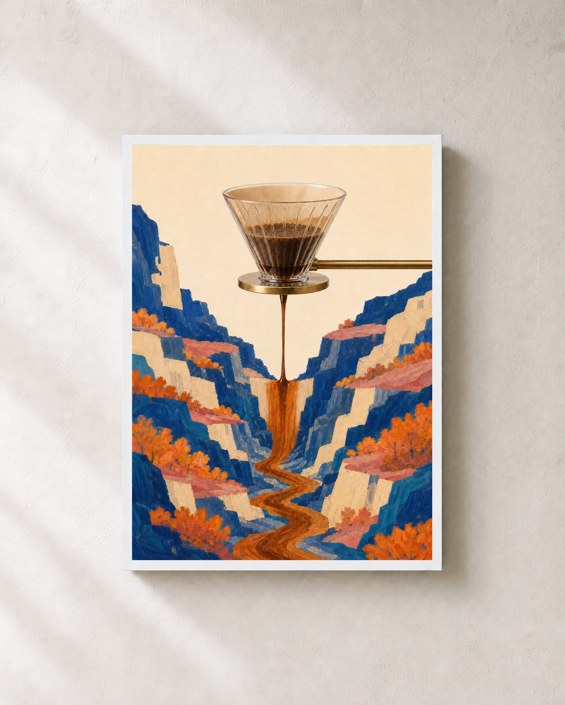 A glass pour-over dripper sends a coffee waterfall through a cobalt canyon with cream cliffs, coral ledges, and orange foliage.