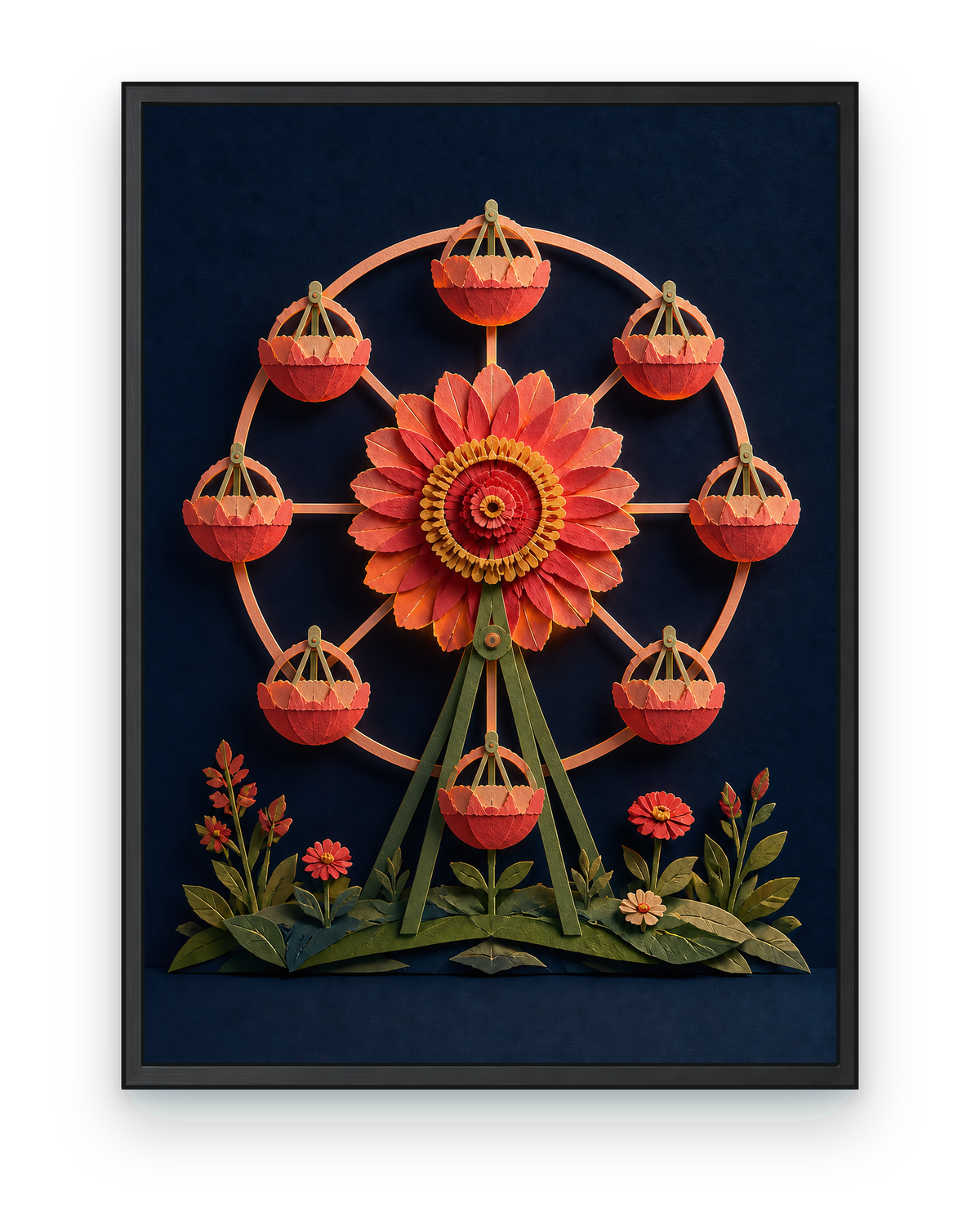 Zinnia Night Ferris Wheel — black framed artwork on a transparent background