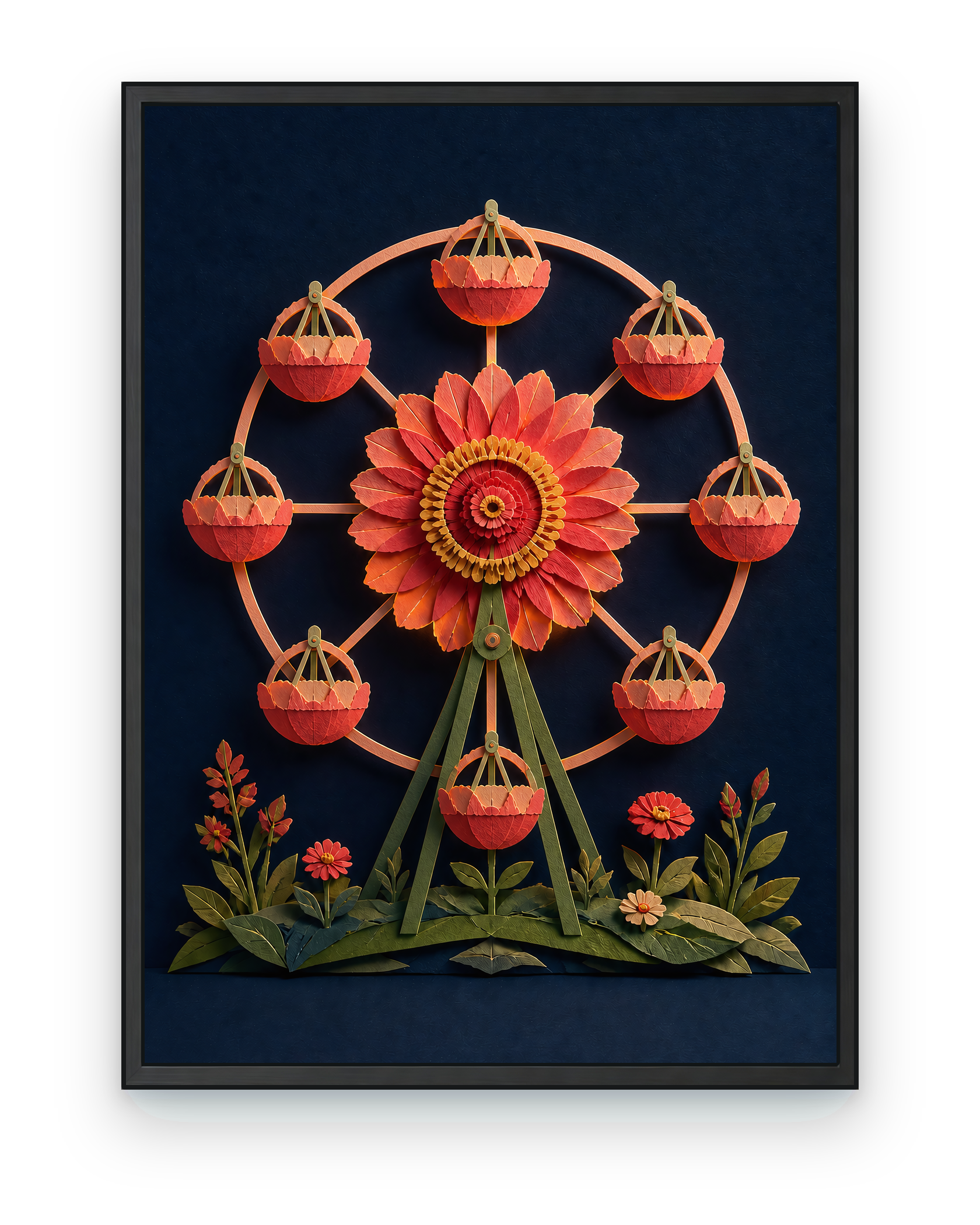 Zinnia Night Ferris Wheel — black framed artwork on a transparent background